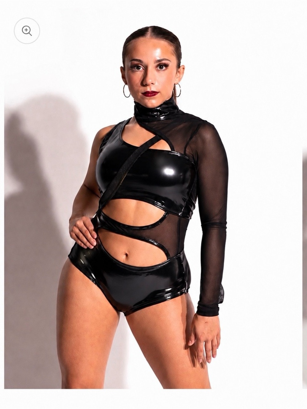 Sleek Black Mesh & Vinyl Cutout Bodysuit
